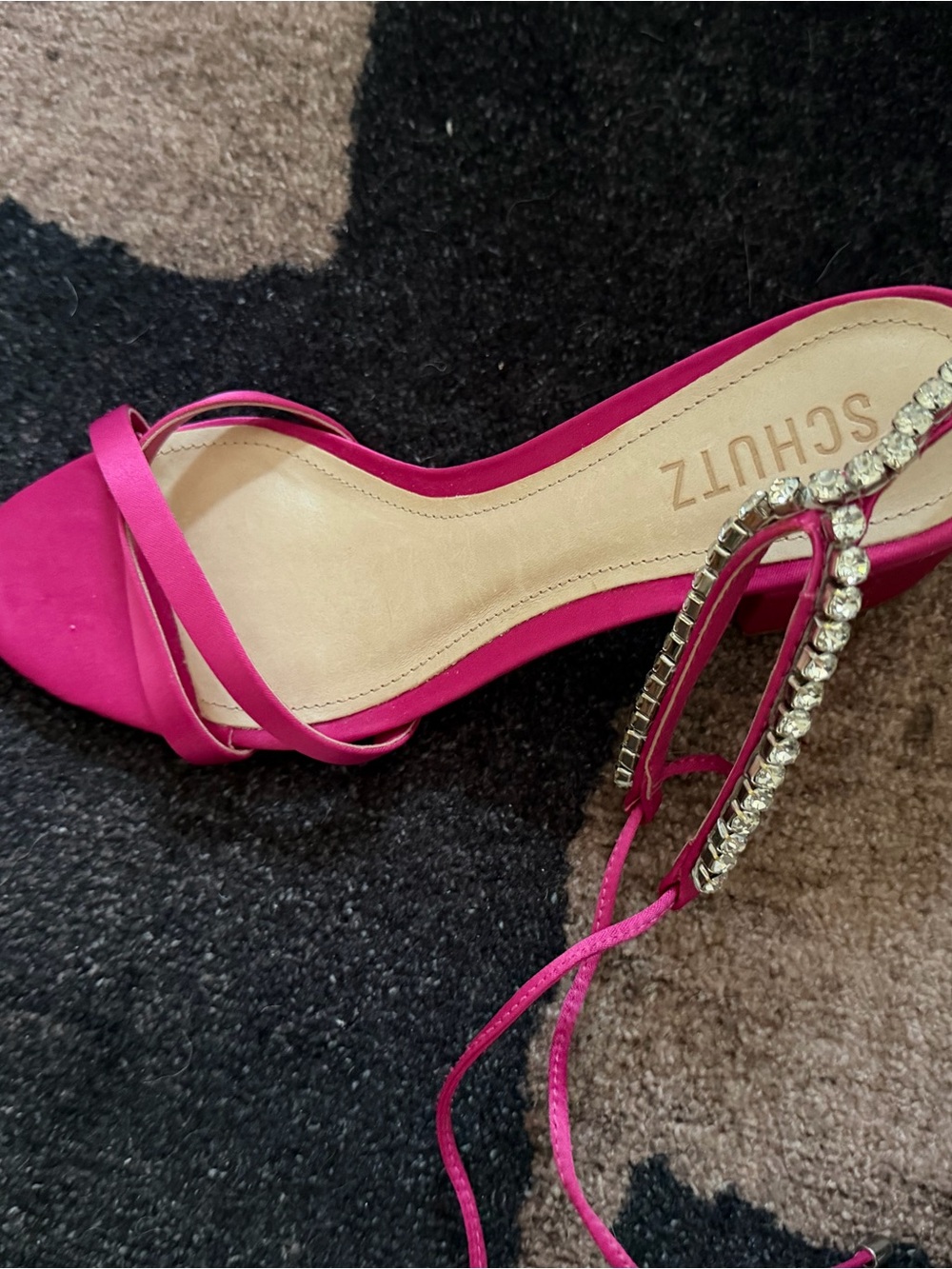 SCHUTZ Hot Pink Satin Strappy Heels with Rhinestone Ankle Strap